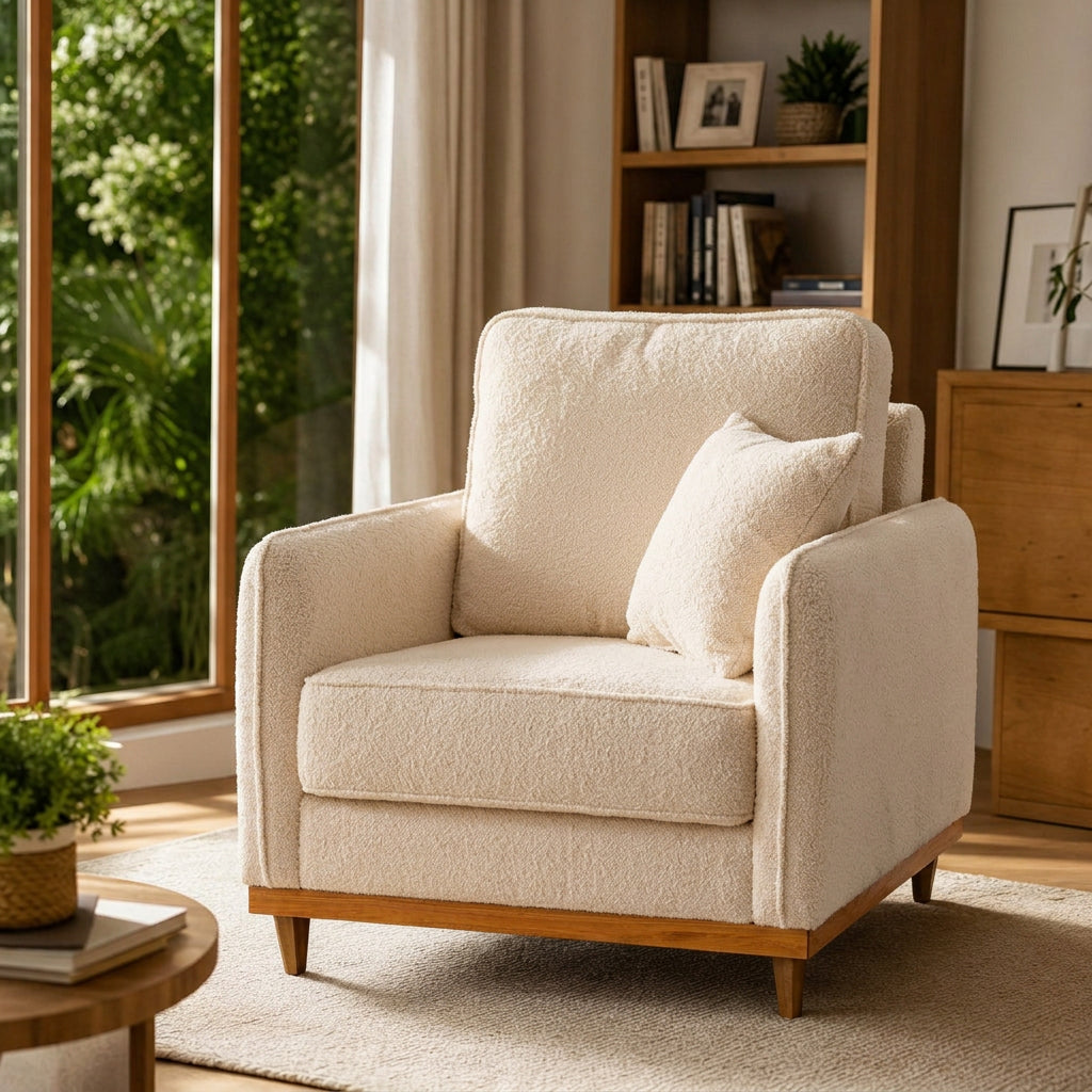 Poltrona Sena em Bouclé, Design Compacto