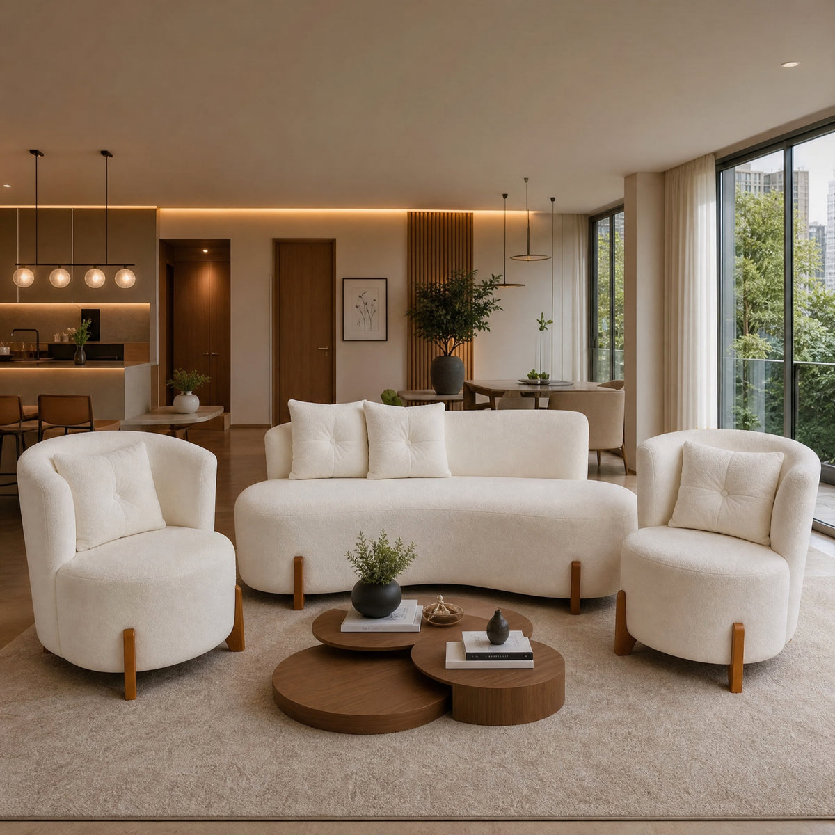 Kit Sofá Curvo + 2 Poltronas Orgânicas em Bouclé, para Sala de Estar e Recepção