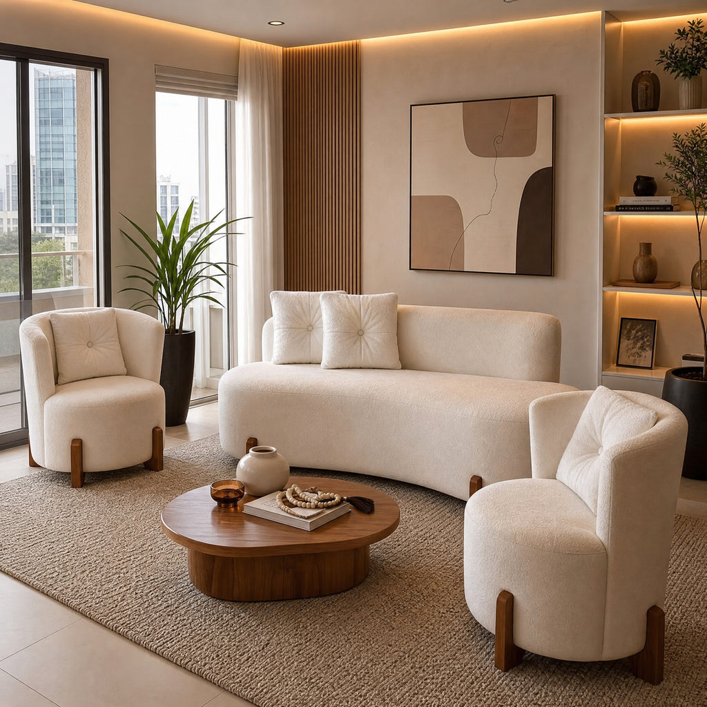 Kit Sofá Curvo + 2 Poltronas Orgânicas em Bouclé, para Sala de Estar e Recepção
