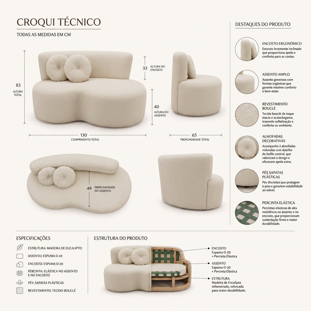 Sofá Curvo Orgânico Feijão 2 Lugares em Bouclé | 130cm
