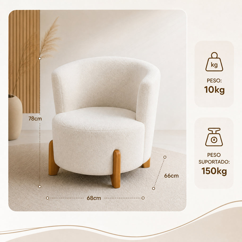 Kit Sofá Curvo + 2 Poltronas Orgânicas em Bouclé, para Sala de Estar e Recepção