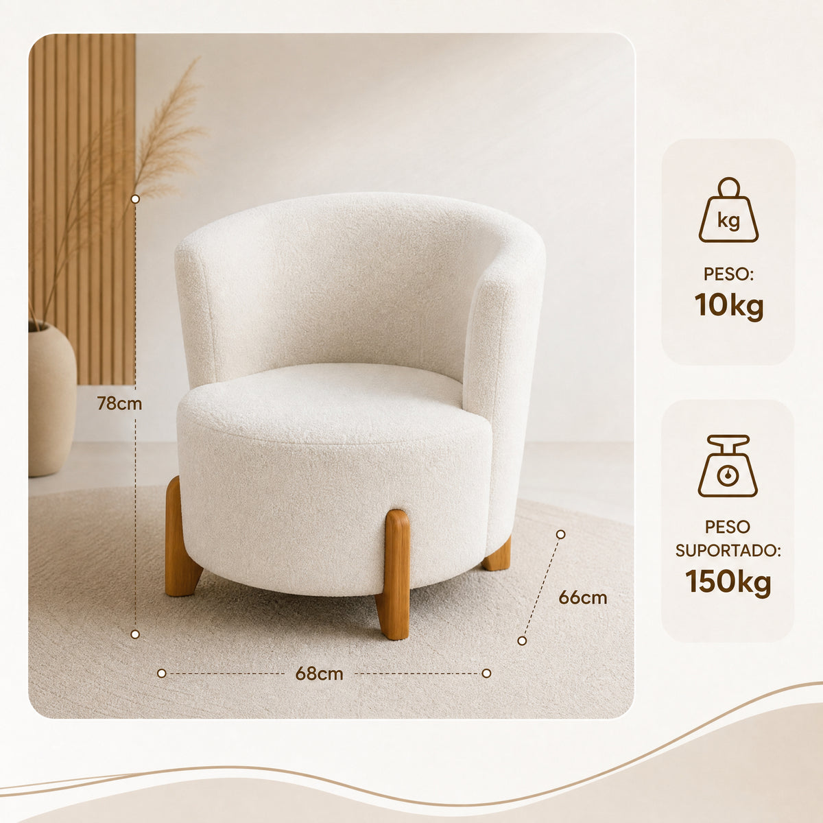 Kit Sofá Curvo + 2 Poltronas Orgânicas em Bouclé, para Sala de Estar e Recepção